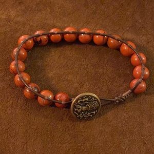 Jasper Brown Leather Wrap Bracelet with Brass Colored Closure